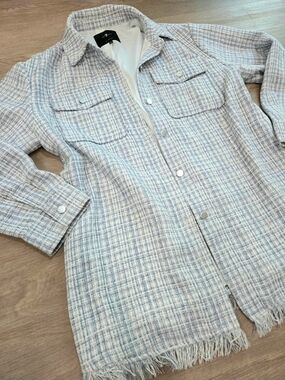 7 For All Mankind Light Blue & Cream Tweed Jacket with Fringe Detail